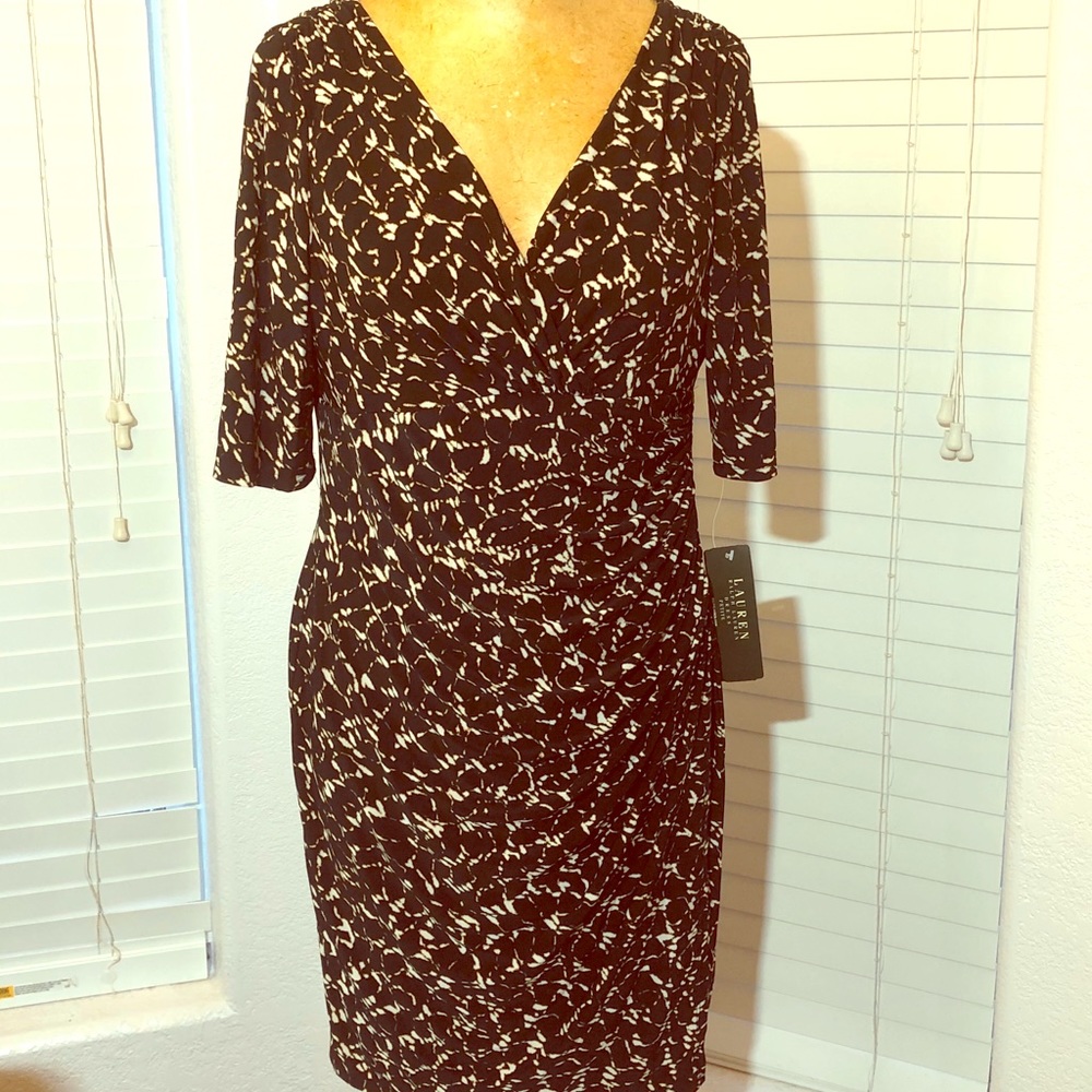 RALPH LAUREN DRESS draped black white stretch 14P